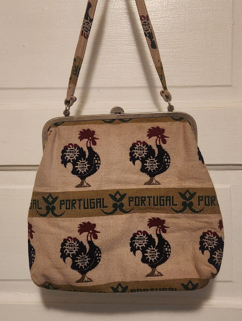 Vintage Beige Canvas Shoulder Bag with Black and Burgundy Rooster Motif